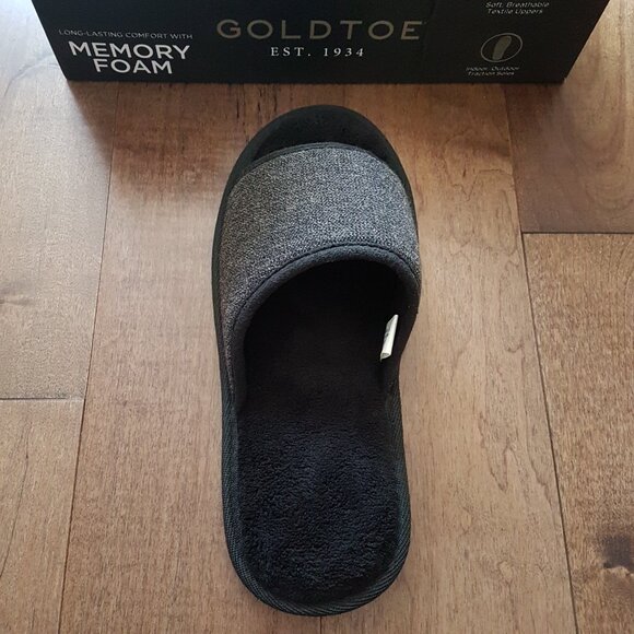 GoldToe Men's Memory Foam Open-Toe Indoor/Outdoor Black/Dark Gray Slippers, S - Picture 7 of 12